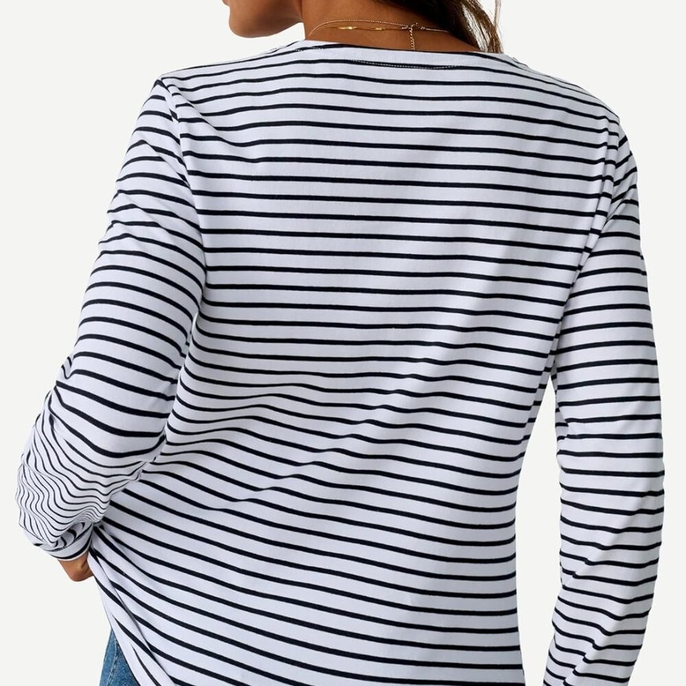 LilyCoco Women's Striped Long Sleeve Boat Neck Shirt – Large